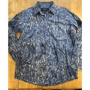 Pete Huntington Bali Navy Leaves Print Long Sleeve Button up Shirt Hawaiian SZ S